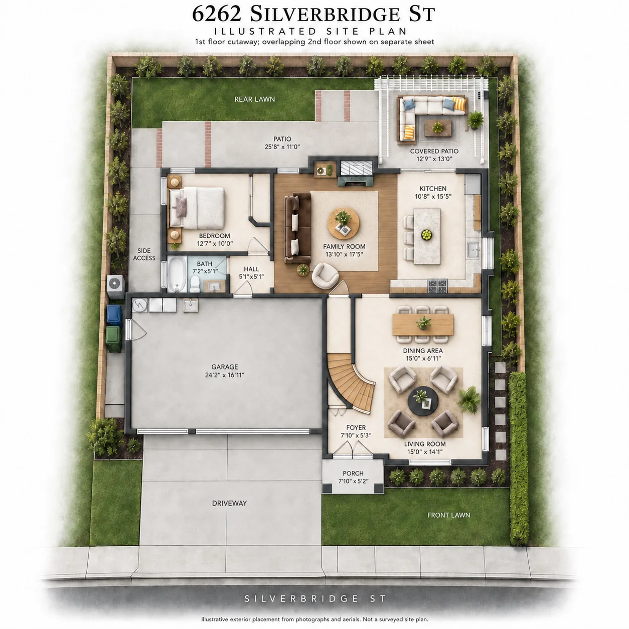 Illustrated property plan showing interiors and outdoor spaces